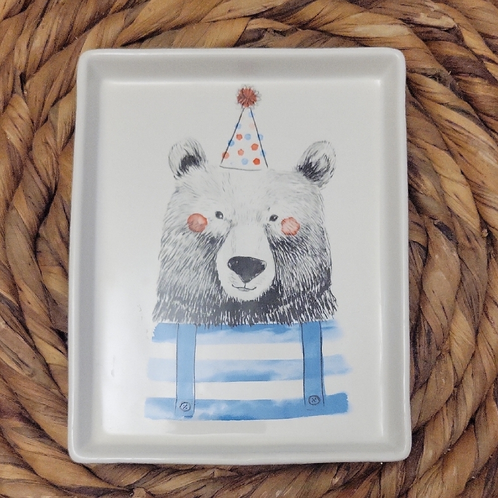 Rae Dunn Magenta Birthday Bear/Party Hat Rectangle Ceramic Plate